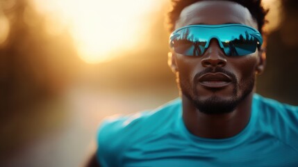 An individual in athletic gear is seen running, bathed in the warm, golden light of either sunrise or sunset, capturing the essence of determination and physical fitness.