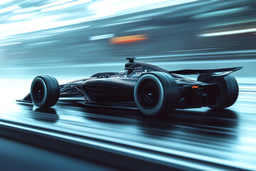 Side view of an F1 car in motion, aerodynamic chassis designed for minimal drag, capturing the sleek lines and precision of highperformance racing