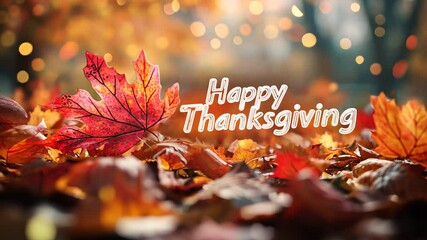 Happy Thanksgiving text with autumn leaves and festive decorations in a cozy setting