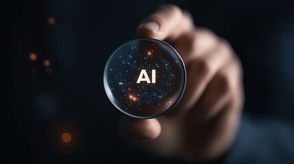 A person holding a crystal ball showcasing the concept of AI with a starry background, symbolizing technology and innovation.