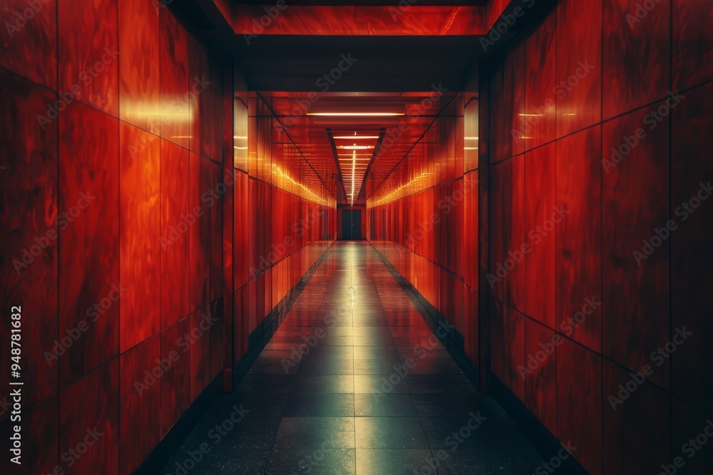 Poster a lengthy corridor adorned with a checkered floor pattern and windows, enhancing the sense of openne