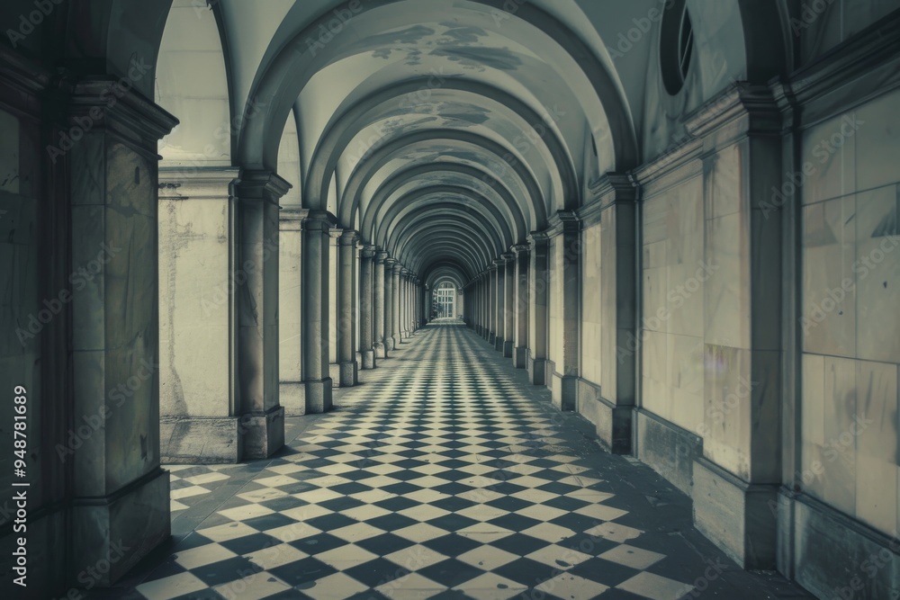 Aufkleber a lengthy corridor adorned with a checkered floor pattern and windows, enhancing the sense of openne