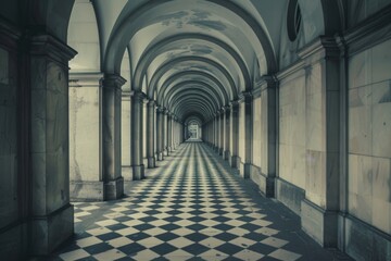 Obraz premium A lengthy corridor adorned with a checkered floor pattern and windows, enhancing the sense of openness and light, Fashion a visual representation of a never-ending hallway, AI generated