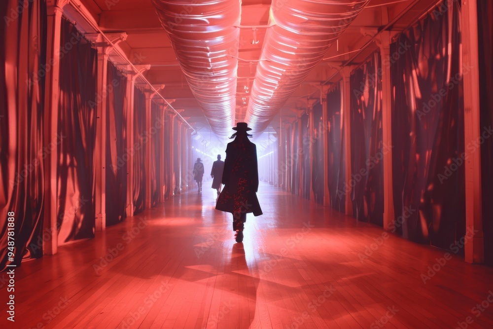 Aufkleber a lengthy corridor adorned with a checkered floor pattern and windows, enhancing the sense of openne