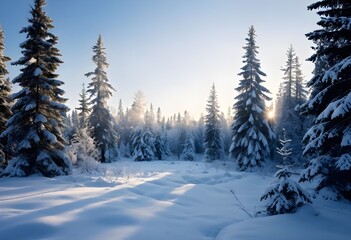 Obraz premium peaceful snowy forest clearing at dawn with snow softly blanketing the ground and frost-covered pine trees
