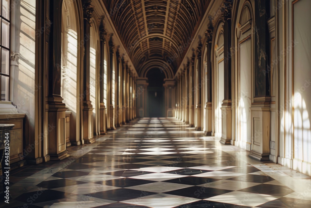 Poster a lengthy corridor adorned with a checkered floor pattern and windows, enhancing the sense of openne