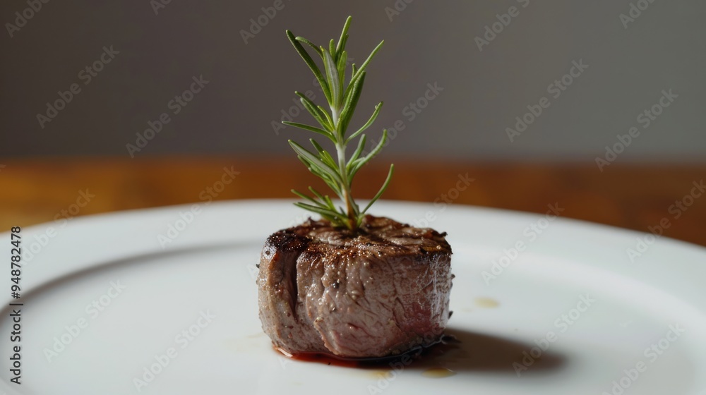 Sticker Close-up of a perfectly seared steak with a sprig of rosemary.