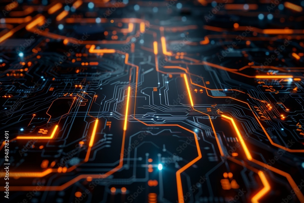 Poster digital circuit board with illuminated pathways and connections