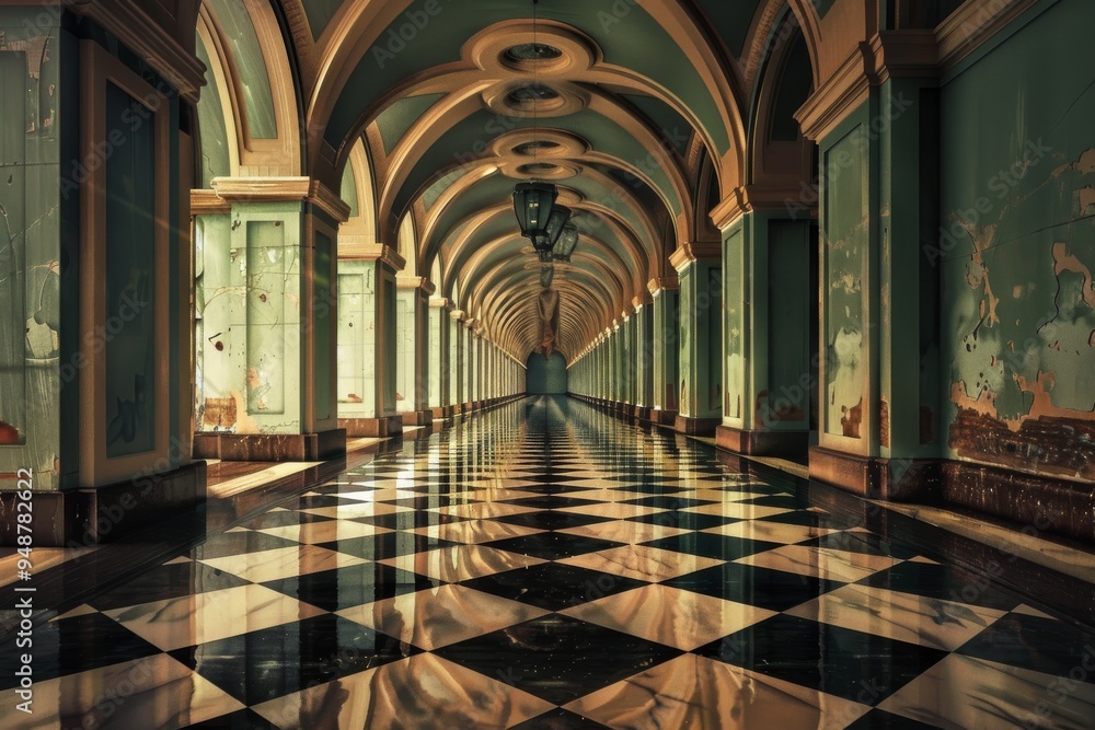 Poster a long corridor showcasing a checkered floor design and ample windows, contributing to a well-lit an