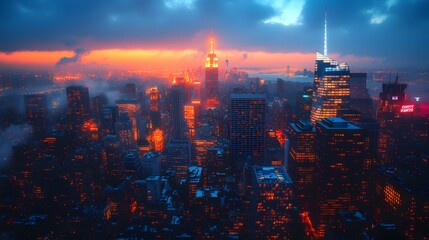 Fototapeta premium Vibrant Nighttime Cityscape, Aerial perspective showcasing a lively urban environment adorned with illuminated skyscrapers, reflecting the energy and dynamism of city life.