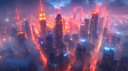 Obraz premium Vibrant Urban Nightscape, dynamic city skyline illuminated by shimmering lights, towering skyscrapers reflecting energy and life in a colorful metropolis after dark