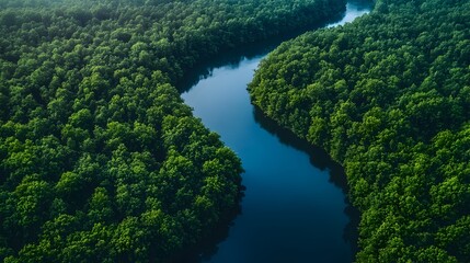 Obraz premium Winding River Through Lush Forest Canopy, an expansive aerial perspective showcasing a serpentine waterway meandering gracefully amidst a vibrant, thickly wooded landscape