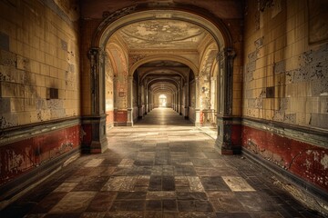 Fototapeta premium A long corridor showcasing a checkered floor design and ample windows, contributing to a well-lit and airy environment, Fashion a visual representation of a never-ending hallway, AI generated