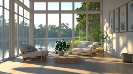 Fototapeta premium A bright and airy living room with large windows overlooking a lake. A white armchair and a white sofa are positioned on a wooden floor. A wooden coffee table sits in the center of the room