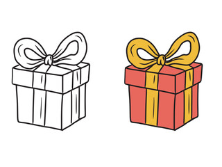 Beautiful red cardboard box decorated with yellow ribbon and bow as a happy birthday gift on white. Hand drawn vector sketch illustration in doodle engraved vintage line art. Christmas, coloring book