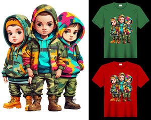 3 Commando children, clean background, Png for Sublimation Printing, T-shirt Design Clipart, DTF DTG Printing, Wild Animals, Illustration, Generative AI