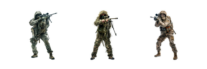 Set of Fictional soldier with full body of a Sniper in combat gear isolated on a transparent background