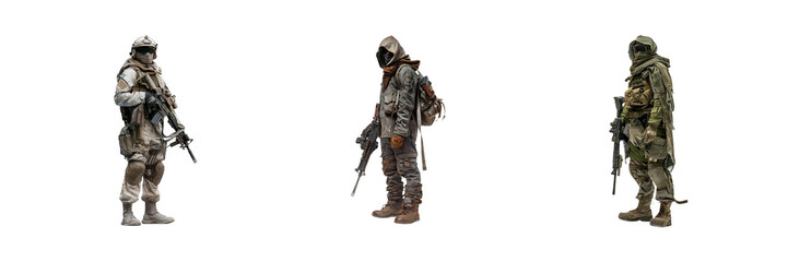 Set of Fictional soldier with full body of a Sniper in combat gear isolated on a transparent background