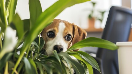 Curious Beagle Peeking Through Plants