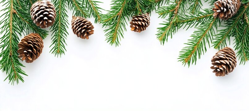 Christmas tree branches with pine cones and holiday decorations