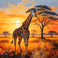 Majestic Solitary Giraffe Grazing Serenely in the Golden Savannah - A Display of Pristine Wildlife