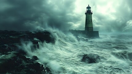 Stormy Coastline Lighthouse, an aged lighthouse stands resilient against crashing waves and fierce winds, its light piercing through dark clouds, guiding lost souls to safety.