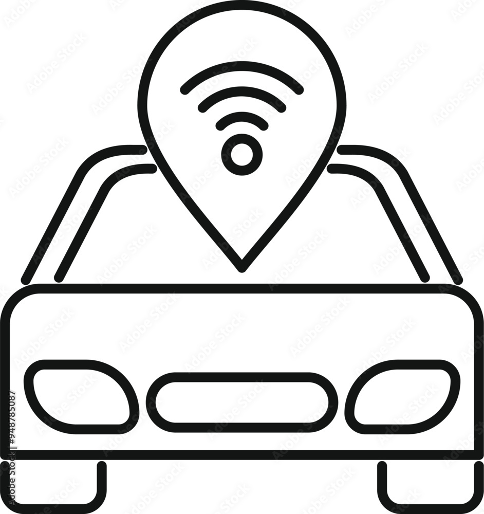 Poster simple line icon of a wifi symbol inside of a location pin over a car, representing car sharing