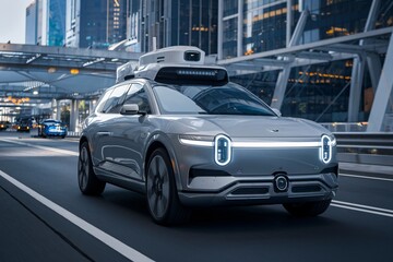 Autonomous Revolution: A silver self-driving car navigates a futuristic cityscape, showcasing the cutting-edge technology of autonomous vehicles. 