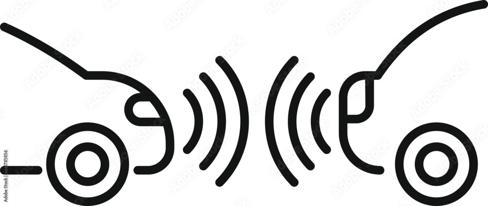 Poster simple line icon of two cars using sensors to avoid collision while driving