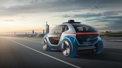 Fototapeta premium Futuristic Electric Car on Open Road: A sleek, blue and white electric car drives confidently on a highway, with a futuristic city skyline in the distance. This image captures the promise of a sustain