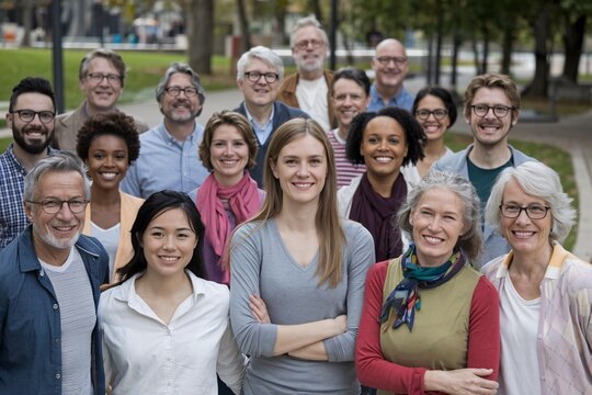 Faces of Unity: A diverse community gathers, their smiles radiating warmth and connection in a vibrant outdoor portrait. 