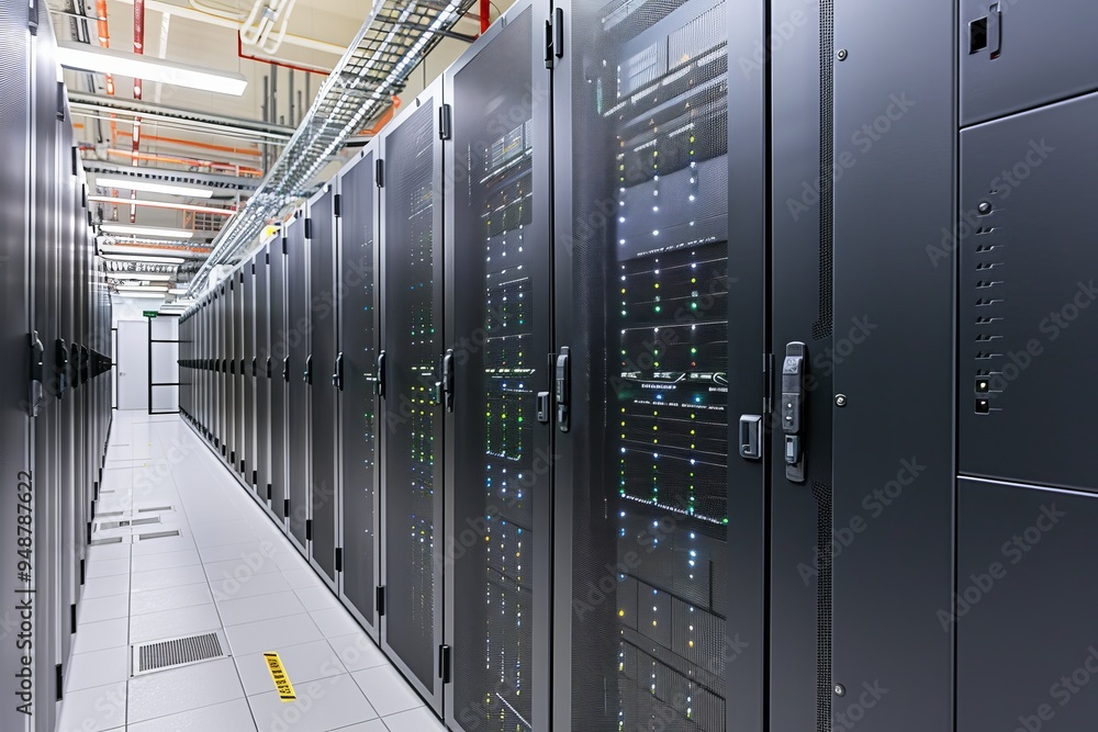 Poster network server room with rows of server racks
