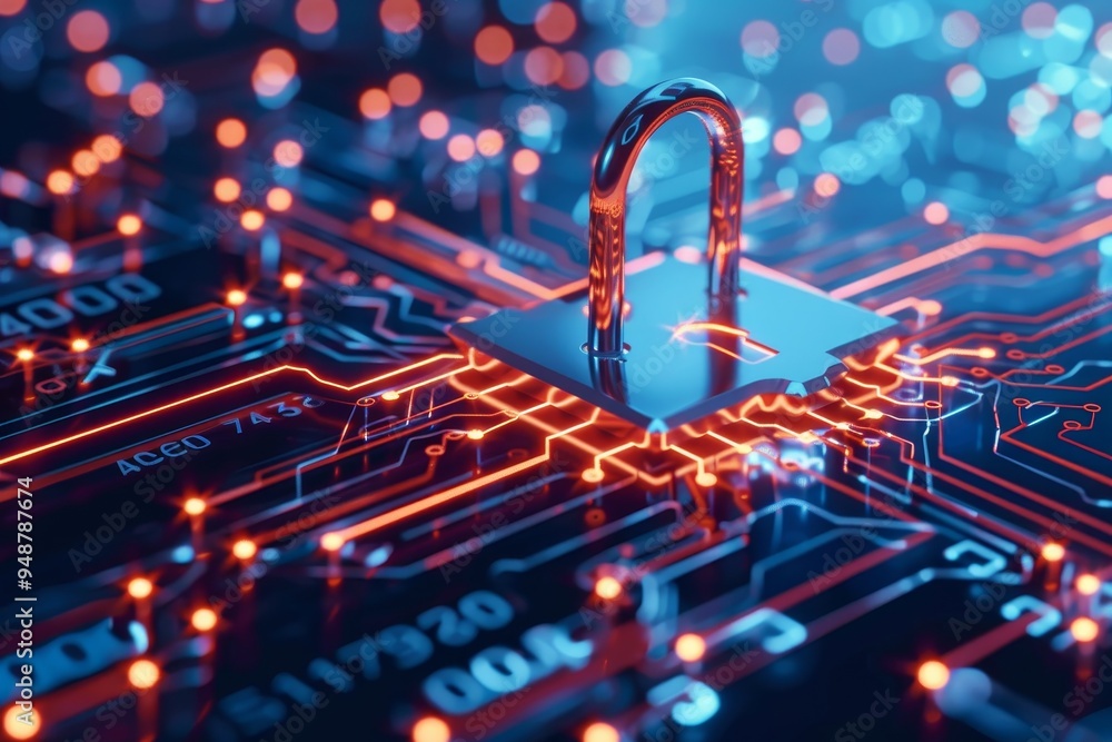 Poster online security and data protection concept with lock and shield