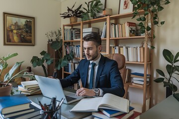Fototapeta premium Focused and Driven: A professional in a suit, immersed in work at his home office, surrounded by books, plants, and natural light, showcasing dedication, productivity, and a passion for knowledge. 