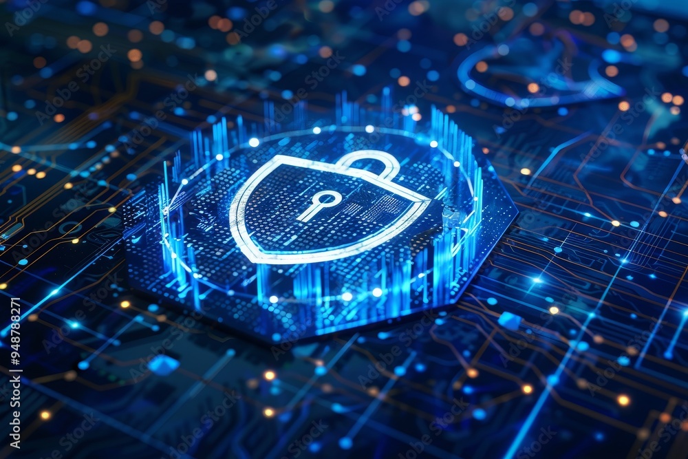 Poster online security and data protection concept with lock and shield
