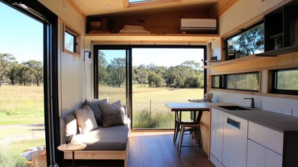 Fototapeta premium Modern tiny house interior with a couch, a kitchen, and a large window overlooking a grassy field.