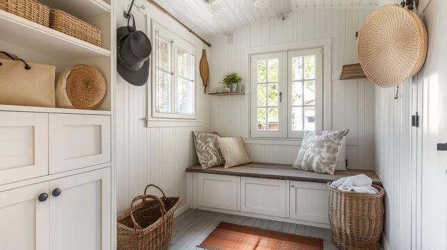 White room interior with a bench, cabinets, and a basket filled with white towels.