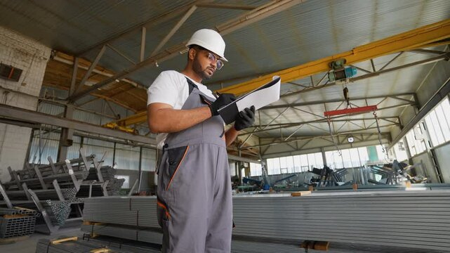 Indian warehouse worker writes out the invoice before sending metal profile
