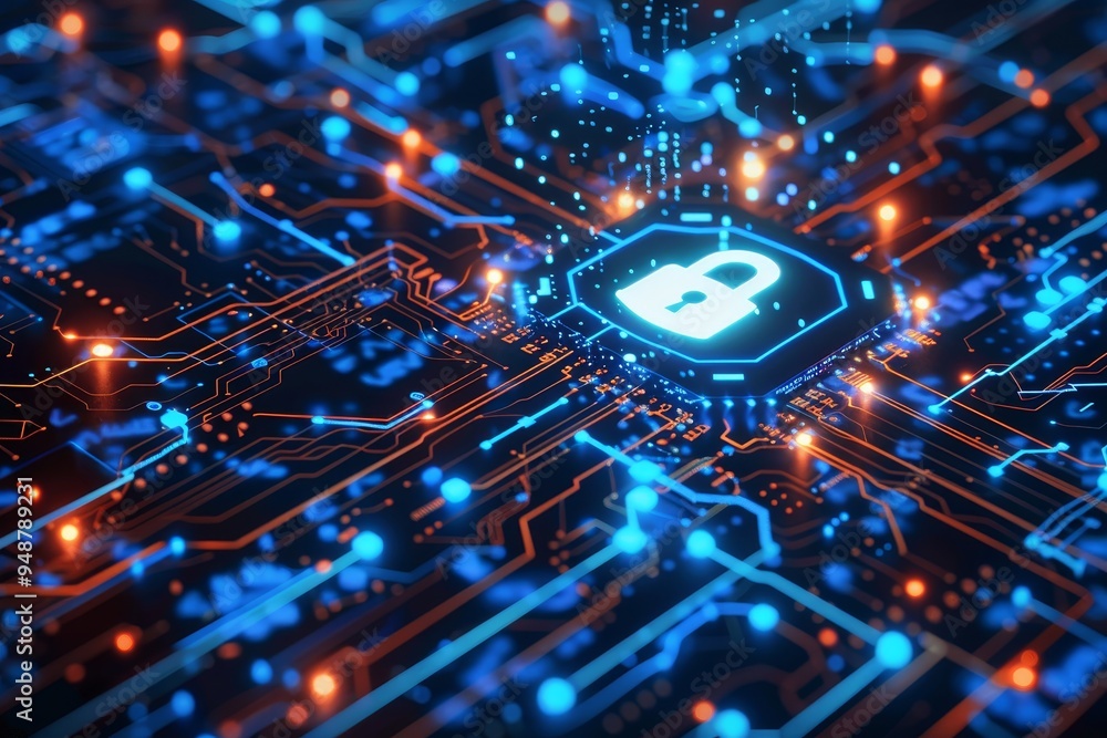 Poster online security and data protection concept with lock and shield