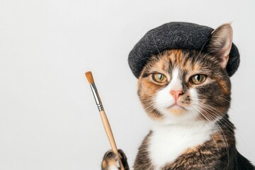 Stylish Cat Wearing Beret Poses with Artist's Paintbrush on White Background isolated with copy space