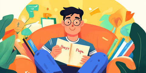 Cute illustration of a man holding book written 