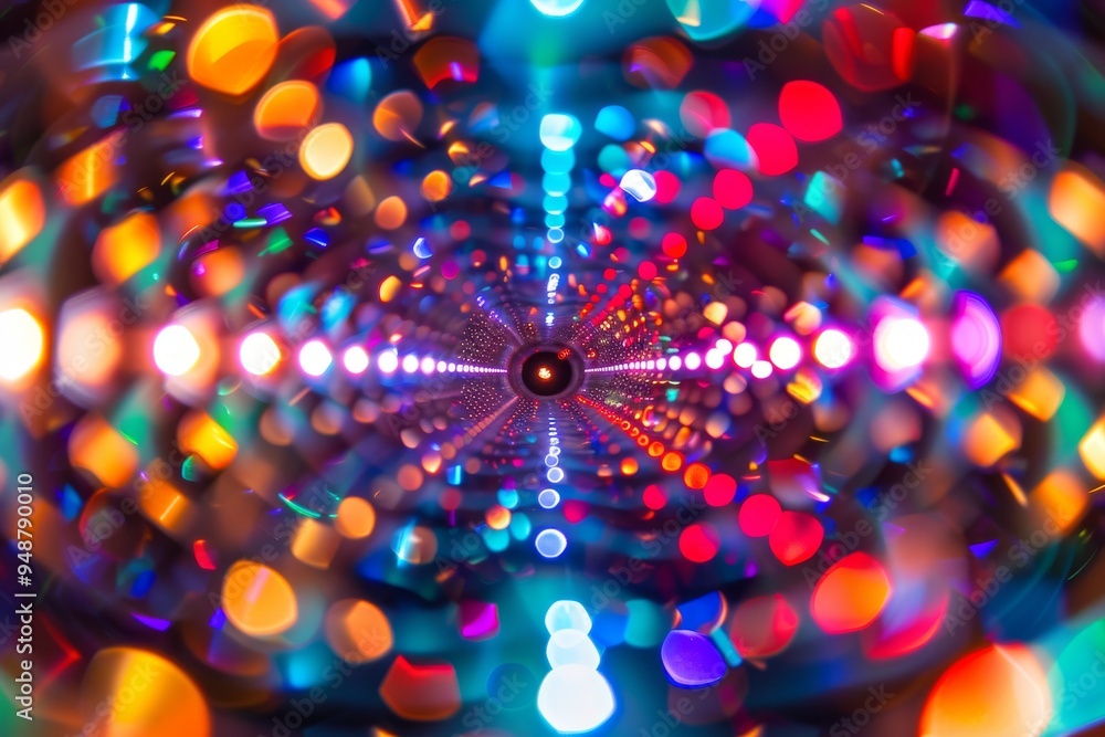 Poster an array of colorful lights captured in a photograph, showcasing a bright and cheerful ambiance, fla