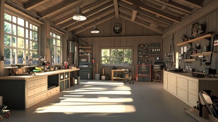 A well-lit workshop with tools and workbench, lots of natural light shining through the windows.