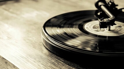 Close-up of a spinning vinyl record on a turntable.