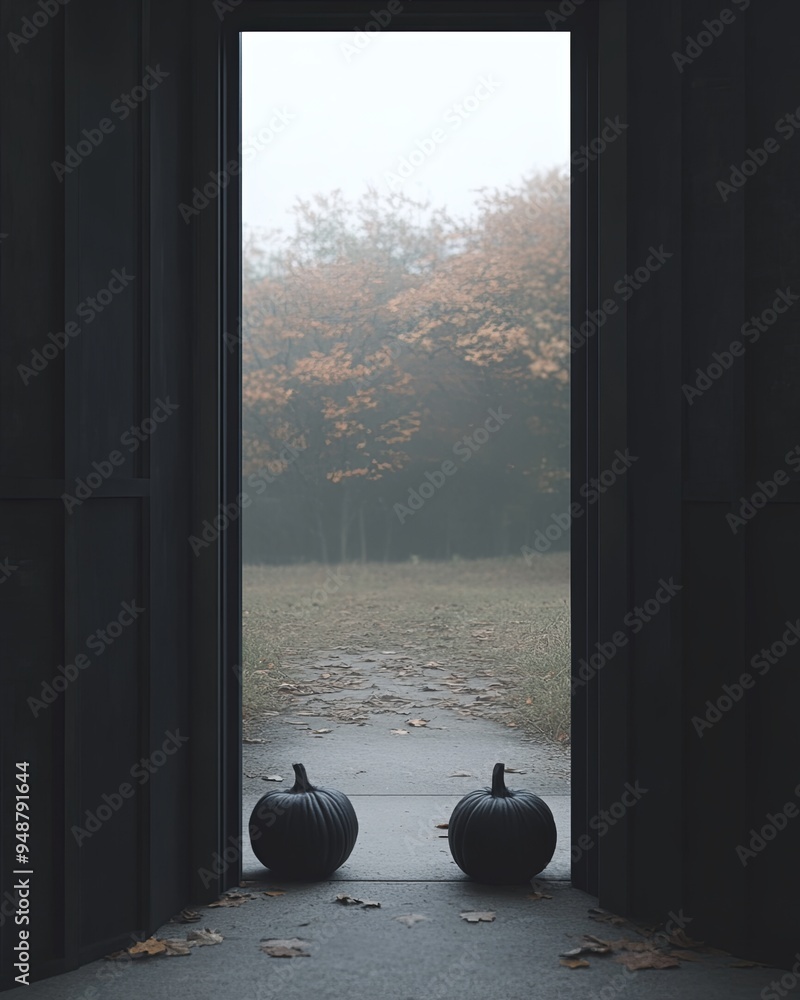 Poster two pumpkins rest at the threshold of an open door overlooking a misty landscape adorned with autumn