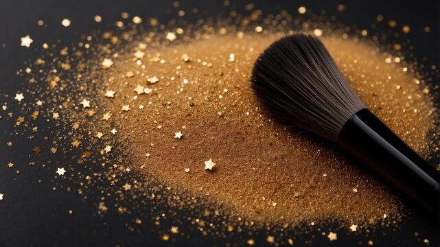 Aerial view of a powder make up brush with gold sequin stars spilling out over a black background flat lay.