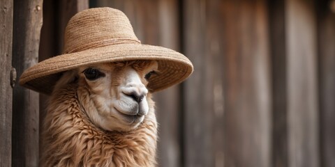 Alpaca wearing traditional hat in of rustic door.
