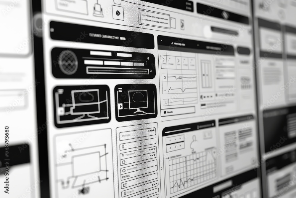 Poster digital wireframe of a website design, showcasing user interface elements