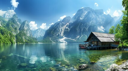 Fototapeta premium Serene summer landscape featuring a tranquil lake surrounded by majestic mountains