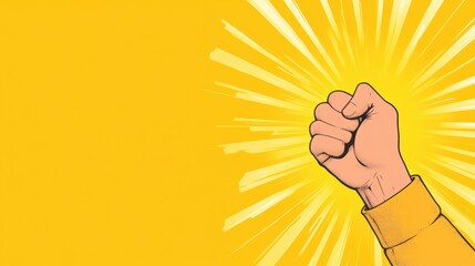 A raised fist symbolizes power, confidence, and determination against a bright yellow burst background.